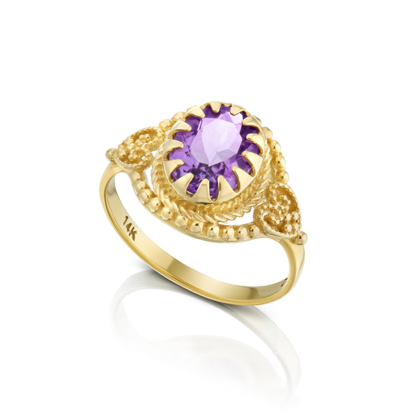 טבעת זהב 14K בשיבוץ אבן אמטיסט בעיצוב פיליגרן