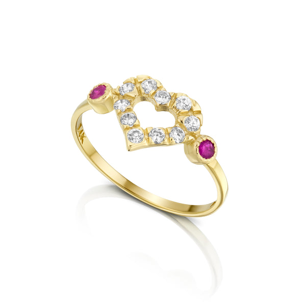 טבעת זהב 14K עדינה בעיצוב לב משובצת יהלומים ואבני רובי סביב