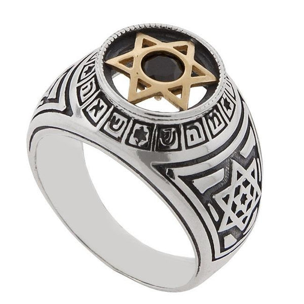 טבעת קולג' לגבר בשילוב מגן דוד מזהב משובצת באבן אוניקס עם צירופי שמות הבורא