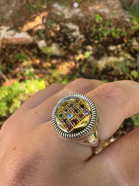 טבעת כסף 925 בעיצוב אבני חושן עם יהלום